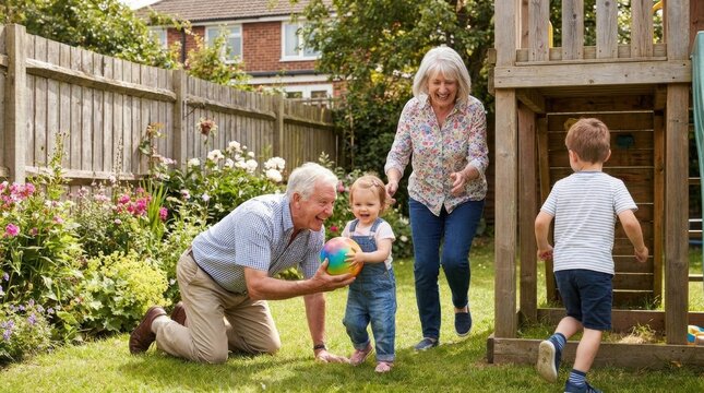 Elderly Man and Young Children Playing with a Ball in Garden
