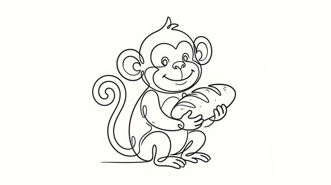 Cute Cartoon Monkey Holding Baguette in Black and White Line Drawing