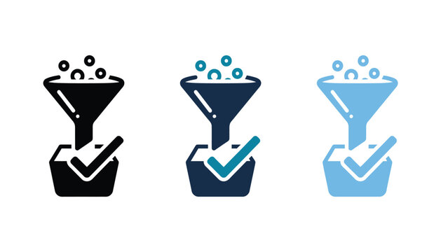 Set of funnel icons with check mark symbol, representing filtered data, successful process, or quality control, vector illustration