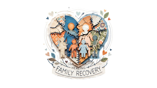 Healing family recovery concept with stitched heart and paper cutout figures isolated on transparent background