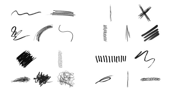 Set of hand drawn charcoal pencil strokes and abstract scribble marks