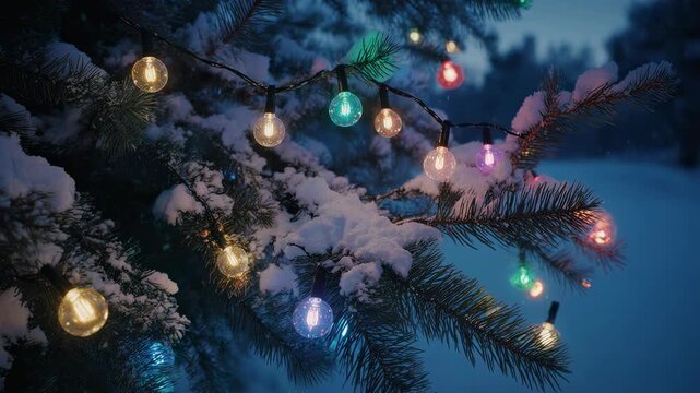 Magical Christmas Holiday Lights Glowing on Snowy Pine Tree Branches at Night