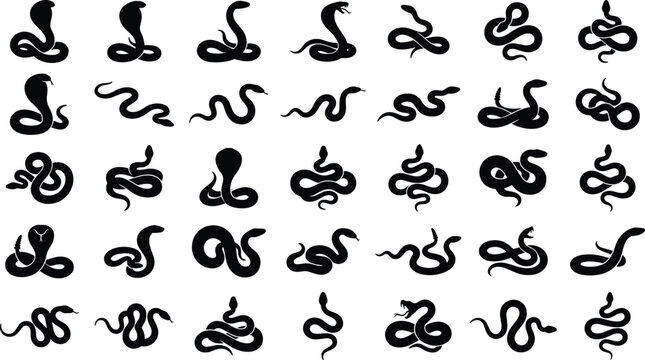 Snake silhouette collection featuring coiled, curled, twisted, winding, and slithering serpent poses in varied shapes isolated on white background