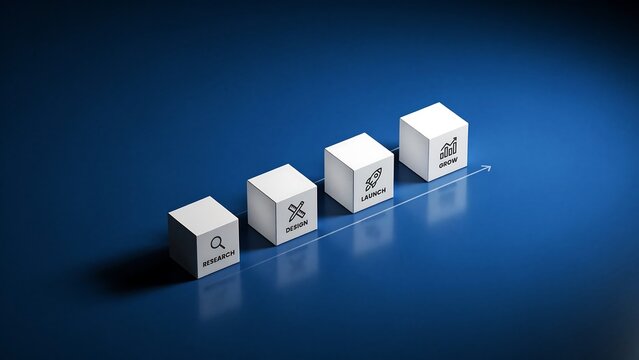 Business project lifecycle concept with white blocks labeled research, launch, and grow, featuring and an upward trend arrow line