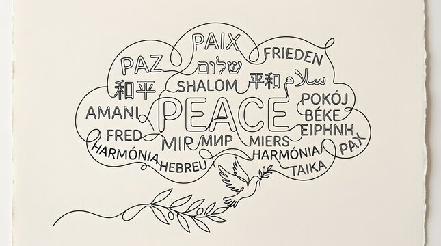 Peaceful Doodle Illustration with Multilingual Word Cloud and Dove Drawing in Black Ink on White Background