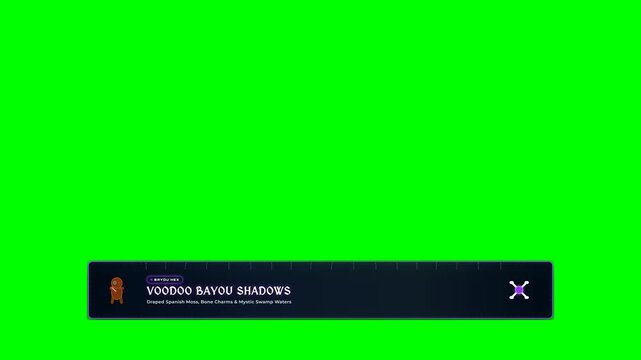 Voodoo Bayou Shadows lower third motion graphic on green screen background