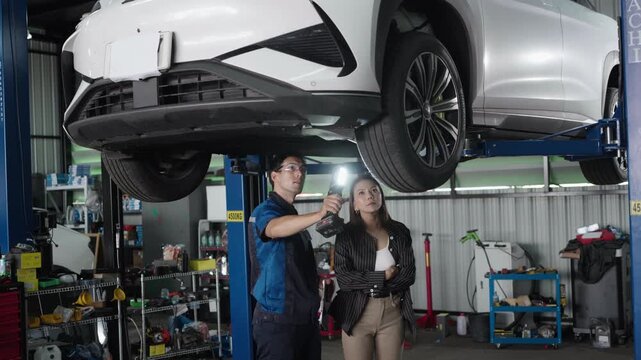 Customer points at the underbody of the lifted electric car as the mechanic explains the inspection beside her
