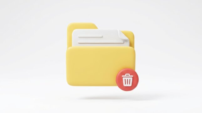 3d render of a yellow file folder icon with a red trash can symbol isolated on white background