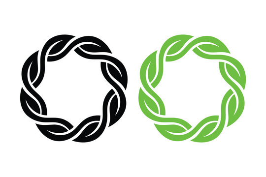 Two intertwined round leaf frames in black and green color options for organic branding designs