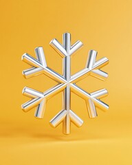 Obraz premium Abstract metallic snowflake with six identical arms on warm yellow background, constructed with reflective chrome finish and soft shadow