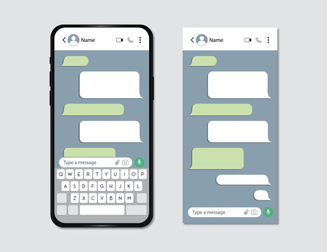 Realistic smartphone with messaging app. Conversation chat screen with green message bubbles placeholder text and Keypad. Interface of Mobile App. Editable Vector.