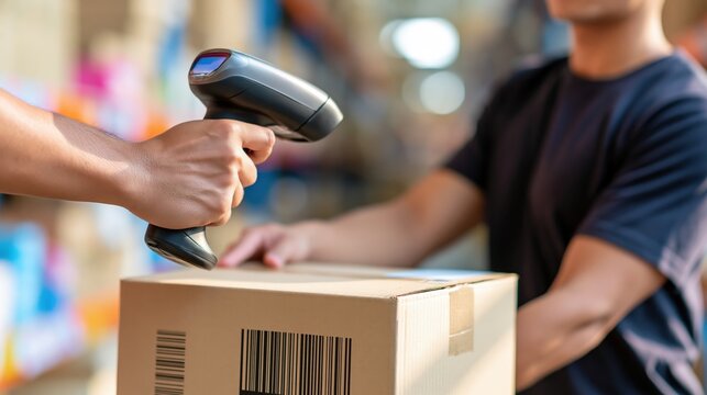 Person scans barcode on shipping box with handheld device.