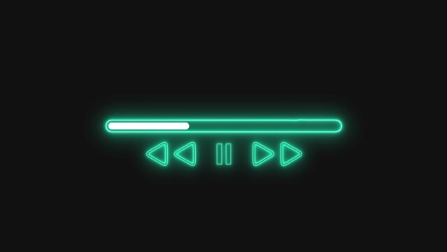 Neon green glowing media player control bar with play pause and skip buttons for music or video streaming interface design isolated on a transparent background for digital web applications