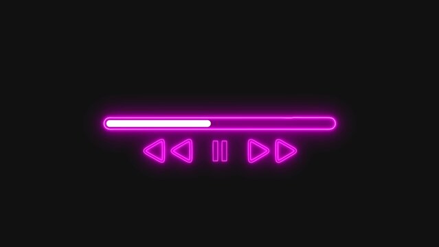 Neon pink glowing media player control interface with progress bar and playback buttons for video or music apps isolated on a transparent background for digital design and user interface