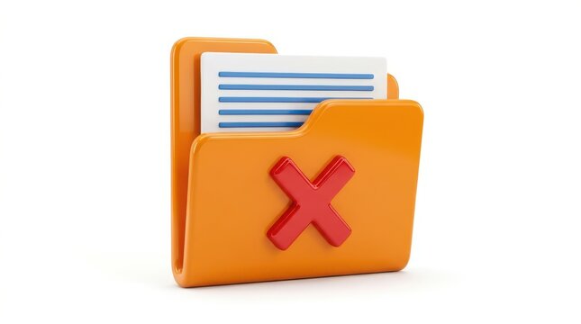 3d render of an orange folder icon with a red cross symbol, representing a deleted or invalid file, isolated on white background