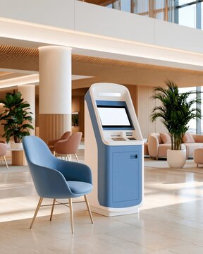 Modern blue and white atm kiosk in bright minimalist lobby with contemporary furniture and indoor plants