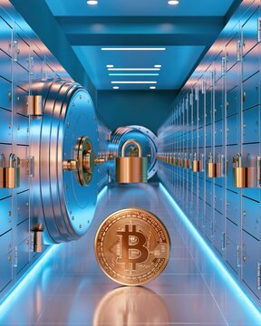 Golden bitcoin coin floating in futuristic vault hallway with glowing blue lights and secure lockers