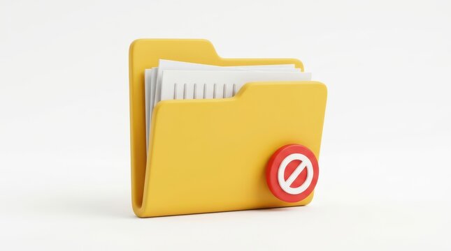 3d yellow folder icon with a red forbidden sign isolated on white background