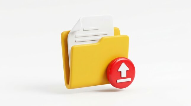 3d yellow folder icon with a red upload button isolated on white background
