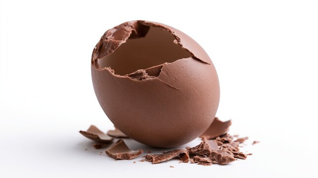 The cracked brown egg shell in closeup still life on white background