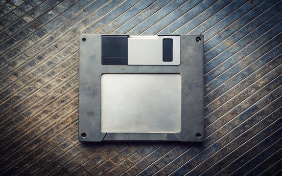 Old Floppy Disk Storage Media Placed on a Dark Diagonal Striped Metal Surface diskette