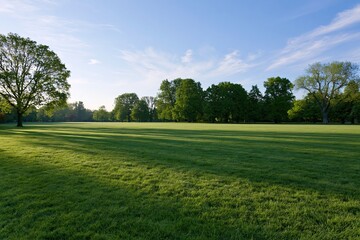 Obraz premium The Expansive Park Lawn Bathed in Morning Light Among Trees