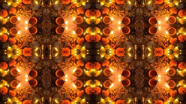 Diwali festival pattern with glowing oil lamps and marigold flowers