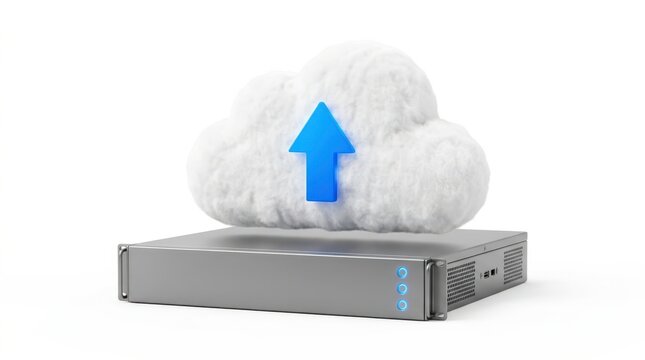 3d illustration of a cloud upload icon hovering above a server rack isolated on white background