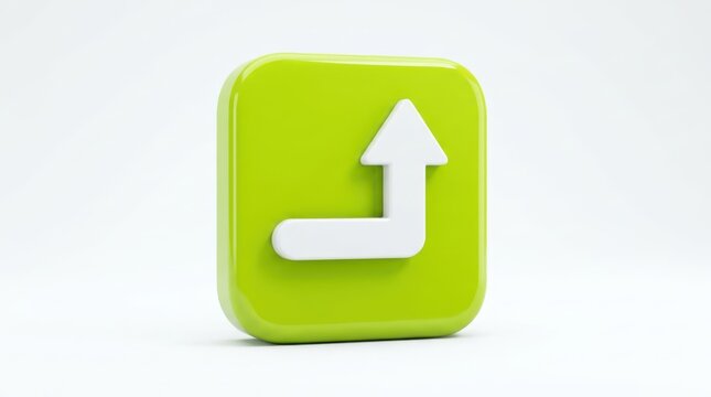 3d render of a green square icon with a white bent arrow pointing up, isolated on white background