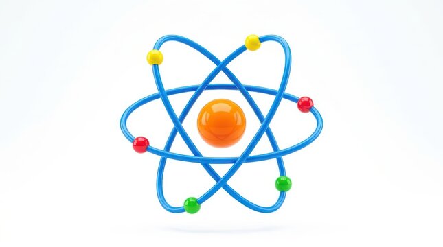 3d illustration of an atom model with an orange nucleus and colorful orbiting electrons isolated on white background