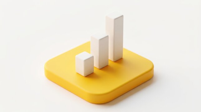 Isometric 3d view of a yellow square platform with a white bar chart, representing business growth and data analysis