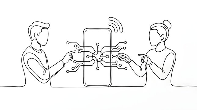 Minimalist Line Drawing of Man and Woman Interacting with Smartphone Technology