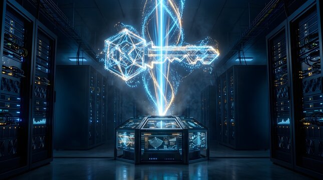 Digital security key hologram floating above advanced server room