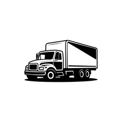A black and white vector illustration of a medium-duty box truck. This clean delivery vehicle silhouette is ideal for logistics, moving services, and transport branding. © Kotliar Ivan