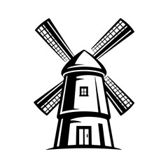 A black and white vector illustration of a traditional windmill. This clean, minimalist architectural silhouette is perfect for agricultural, energy, or heritage branding. © Kotliar Ivan