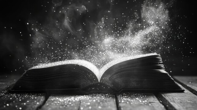 A thick book lies open as the wind stirs, sending silver dust soaring into the air against a dark backdrop, creating a magical and mysterious atmosphere.