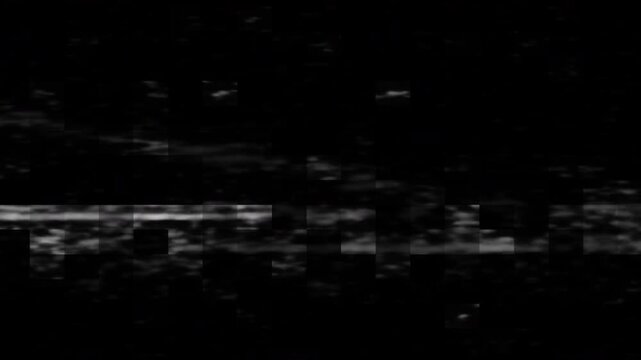 Retro-futuristic tape distortion with scanning noise and blocky mosaic pixel texture