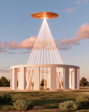 Golden circular flying object hovers above white stone circle emitting bright beams at sunset, grassy field with scattered shrubs and soft clouds