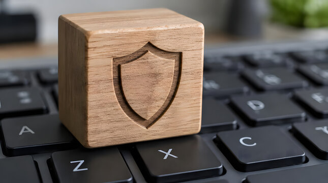 Wooden block with shield icon on a computer keyboard representing cybersecurity.