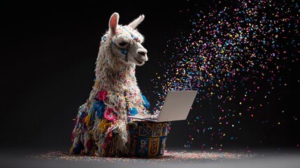 Fototapeta premium Festive white llama wearing colorful accessories working on a modern laptop computer amidst flying celebration confetti