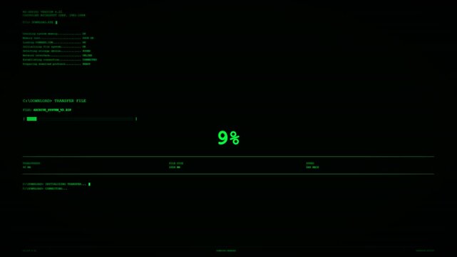 Green terminal hacker screen interface showing data download progress at 9 percent, retro system code execution, and cyber security system command display