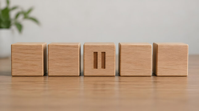 Wooden cubes in a row with a pause symbol in the center on a wooden table.