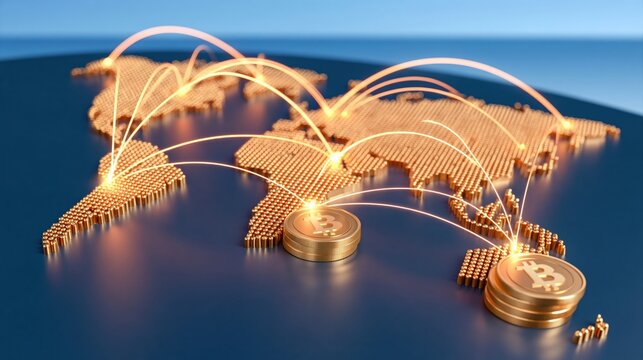 Golden bitcoin coins stacked near a glowing world map with light trails connecting continents, set against dark blue background