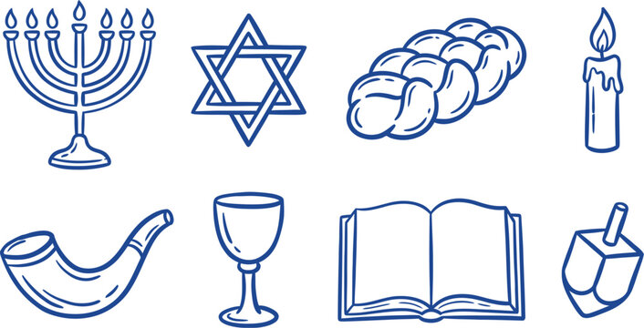 Hand drawn blue outline Jewish tradition and religion vector icon set isolated on white background