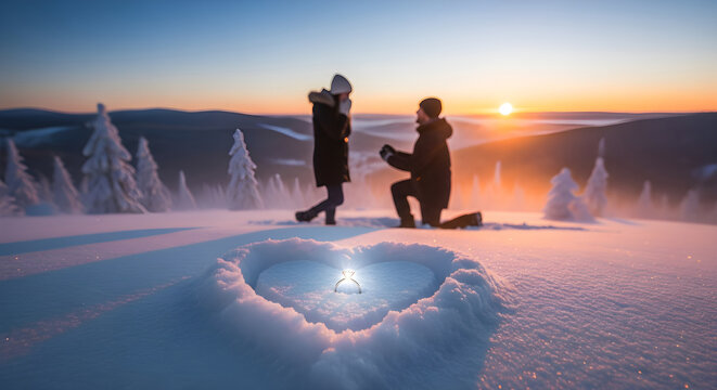 Romantic marriage proposal at snowy mountain sunset with glowing diamond ring in heart shaped snow