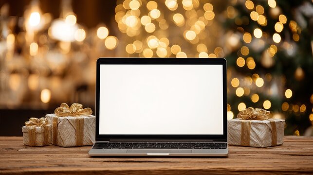 Modern laptop computer featuring blank white screen mockup surrounded by wrapped holiday presents on wooden table interior