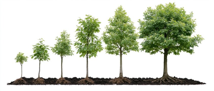 Row of trees in growth stages from seedling to mature with exposed roots on soil strip