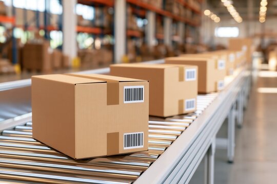Cardboard parcels moving on conveyor belt in warehouse with shallow depth of field and barcode labels visible