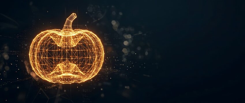 Digital wireframe pumpkin illustration on a dark background.
