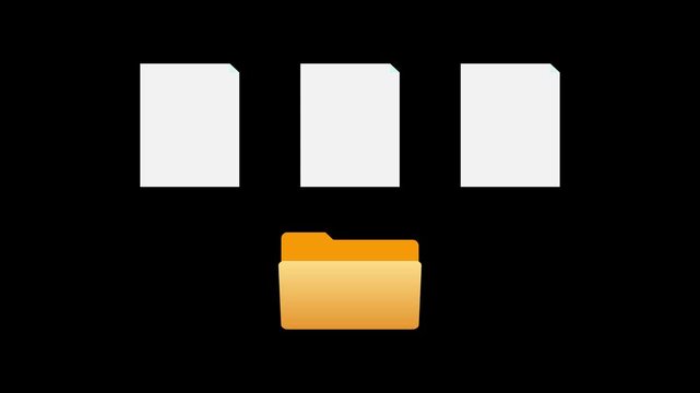 Yellow folder icon animation with 3 blank placeholder document papers reveal from inside on black background and green screen. 4K animated for file storage, business, copy space, and motion graphics.